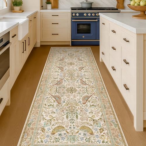 Hazo Haus 2'6"x8' Long Hallway Runner Rug - Vintage Botanical Wide Runners for Kitchen Bedroom Hall Way, Washable Non Slip with Rubber Backing, Beige Floral Décor
