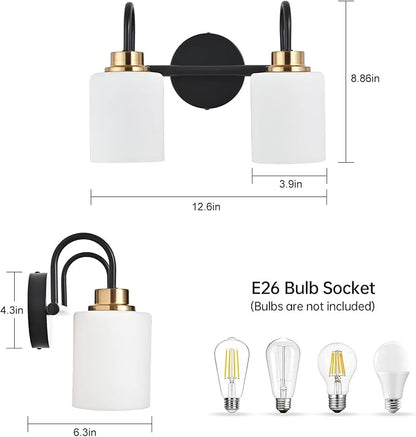 Modern Matte Black and Gold Bathroom Vanity Light Fixtures 2 Lights Milky Glass Wall Sconce Light Modern Vanity Lights Over Mirror(Exclude E26 Bulb)