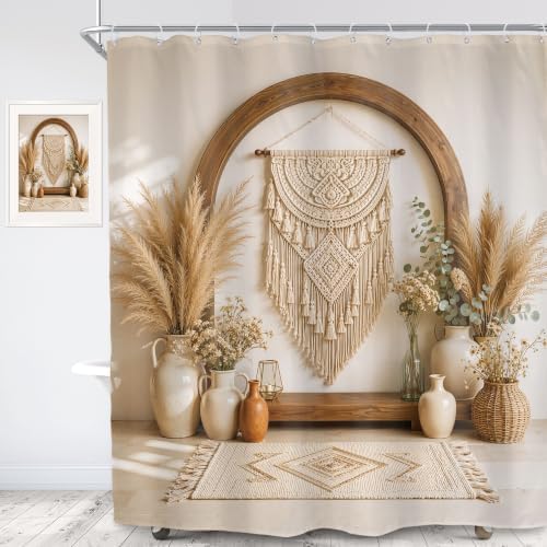Boho Long Bohemian Style Pampas Grass Vases 2D Bathroom Shower Curtain Set