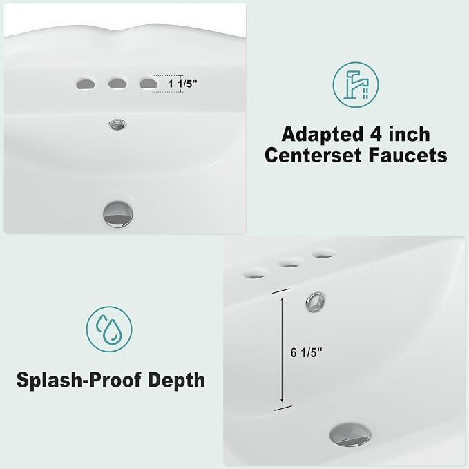 Vintage Bathroom Pedestal Sink, 19 in L x 23 in W Retro White Bathroom Sink With Overflow Hole, Freestanding Ceramic Sink With 3 Pre-Drilled Holes for 4 in Faucets