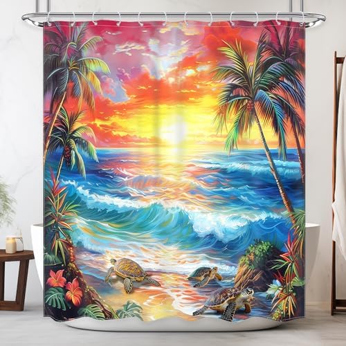 Ocean Summer Beach Tropical Leaf Hawaiian Bathroom Shower Curtain Set