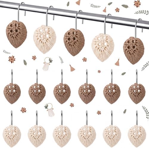 Thyle 12 Pcs Boho Shower Curtain Hooks, Bohemian Tassel Ornament Rings Shower Curtain Hooks Holiday Decorative for Bathroom Accessories