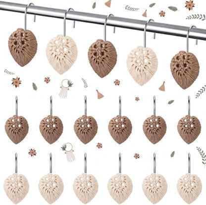 Thyle 12 Pcs Boho Shower Curtain Hooks, Bohemian Tassel Ornament Rings Shower Curtain Hooks Holiday Decorative for Bathroom Accessories