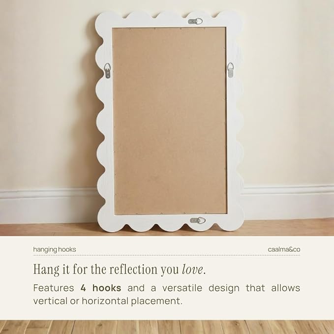 CAALMA Scalloped Wall Mirror 24 x 36 Rectangular, Bathroom Mirror, Mirrors for wall Decor, Wooden Frame Mirrors for wall, Decorative Vanity Mirror, Nursery Decor, Entryway Mirror (White)