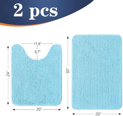 OLANLY Chenille Bathroom Rugs Mats Sets 2 Piece, 30"x20"+24"x20", Sky Blue
