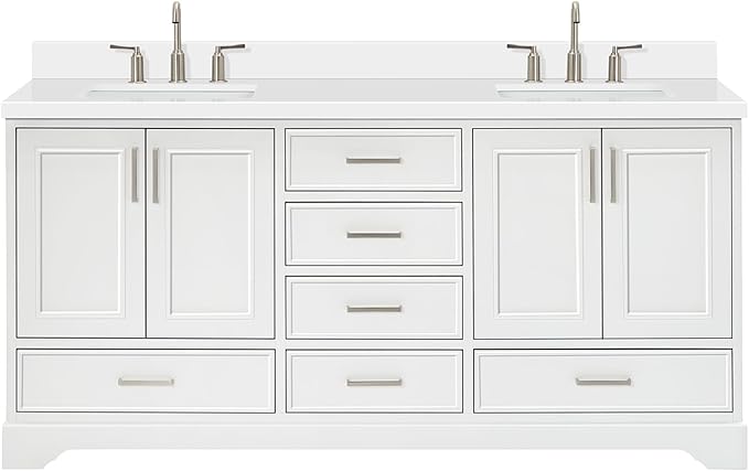 ARIEL Stafford 72-inch Bathroom Vanity with Sink,Solid Wood, 1.5-inch Pure White Quartz Countertop & Backsplash, Double Rectangular Porcelain Sink, 4 Soft Closing Doors, 6 Dovetail Drawers, White