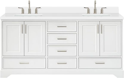 ARIEL Stafford 72-inch Bathroom Vanity with Sink,Solid Wood, 1.5-inch Pure White Quartz Countertop & Backsplash, Double Rectangular Porcelain Sink, 4 Soft Closing Doors, 6 Dovetail Drawers, White