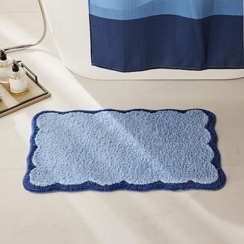 Ohocut Luxury Microfiber Bathroom Rugs, Navy Scalloped Piping Blue Bath Rug Cute Aesthetic Coastal Nautical Bath Mat for Bathroom, Tub, Floor, Sink, Shower, Anti Slip, Absorbent, 26x16