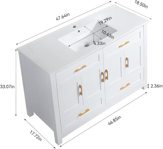 LZ LEISURE ZONE 48" Bathroom Vanity with Ceramic Sink Combo, Abundant Cabinet -4 Soft Close Doors and 4 Drawers, White
