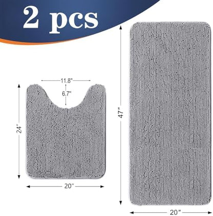 OLANLY Chenille Bathroom Rugs Mats Sets 2 Piece, 47"x20"+24"x20", Grey