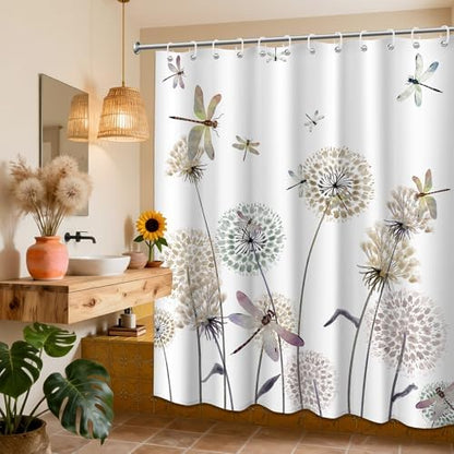Tan Dandelion Shower Curtain Spring Dragonfly Light Brown and White Watercolor Shower Curtains for Bathroom Decor, Waterproof Cloth Fabric with Hooks 70" Wx72 L