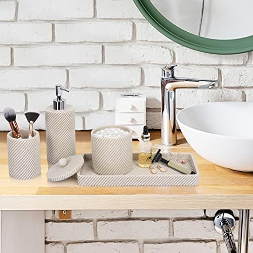Beige Bathroom Accessories Set 4 Pcs - Toothbrush Holder,Lotion Soap Dispenser,Qtip Holder Dispenser,Vanity Tray for Countertop Vanity Organizer,Bathroom Accessory Set