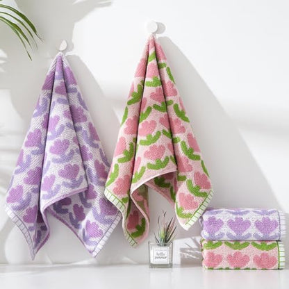 YiLUOMO Purple Tulips Pattern Spring Hand Towel Set of 2 Highly Absorbent Quick Dry 100% Cotton Decorative Hand Towels for Bathroom Hotels Spa 13" X 29"
