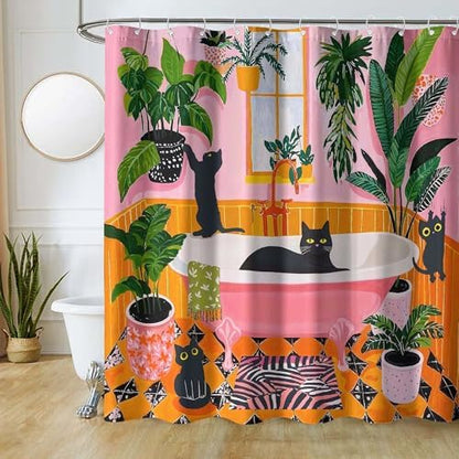 Funny Cat Shower Curtain Boho Cute Fun Black Cats Matisse Shower Curtains for Bathroom Kitten Green Tropical Plant Leaves Pink Orange Yellow Waterproof Fabric Bath Curtain Decor 72 X 84 Inches
