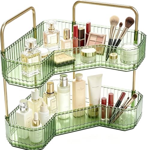 2-Tier Corner Bathroom Organizer, Skincare Vanity Counter Shelf Green