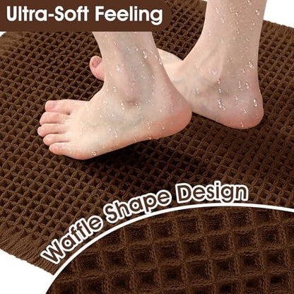 Waffle Bath Mat, Boho Woven Modern Bath Rug Absorbent Non Slip, Ultra Soft Bathroom Mats, Machine Washable Knit Bath Rugs with Herringbones for Bathroom, Bedroom, Kitchen, Shower, Tub, 36"x24", Brown
