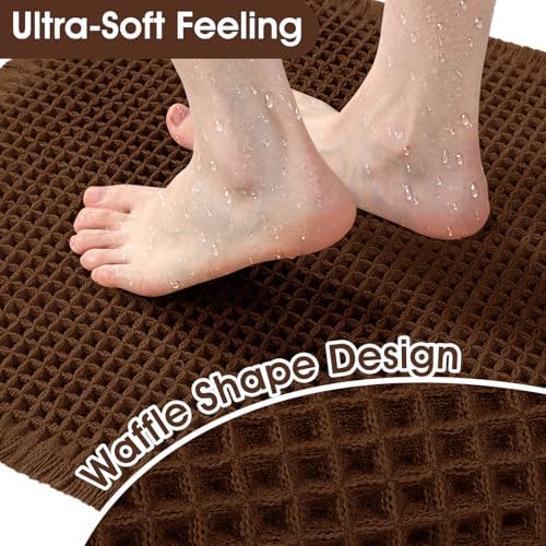 Waffle Bath Mat, Boho Woven Modern Bath Rug Absorbent Non Slip, Ultra Soft Bathroom Mats, Machine Washable Knit Bath Rugs with Border for Bathroom, Bedroom, Kitchen, Shower, Tub, 36"x24", Brown