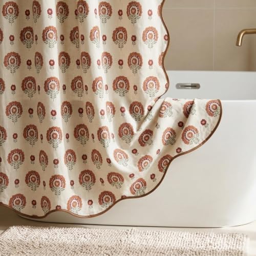 Boomkin Block Print Scalloped Shower Curtain Set with 12 Hooks