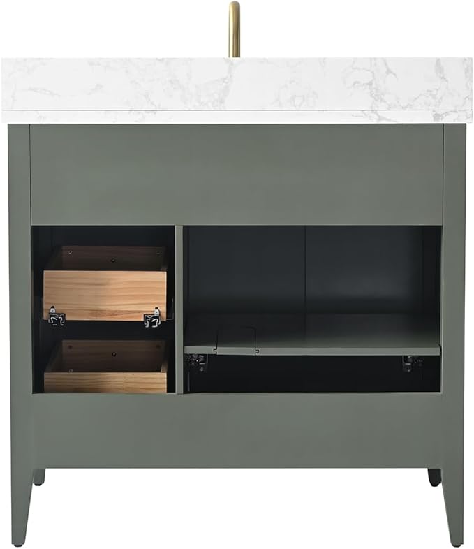 Vanity Art 36 inch Bathroom Vanity with Single Sink & Ceramic Top, Vanity Cabinet with Soft-Closing Door, Solid Wood Frame, Linear Pattern, Vintage Green, VA9136-VG-MB,Matte Black Handles