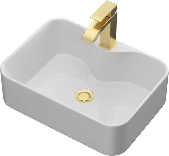 Bathroom Vessel Sink 19" x 15" Rectangle With Gold Faucet And Gold Drain Combo Bowl Sink Bathroom Countertop Rectangular White Farmhouse Lavatory Vanity Sink Basin
