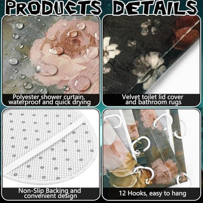 FuWeave 8 Pcs Halloween Shower Curtain Set, Vintage Ghost Black Cat Bathroom Decor with Floral Pattern, Include Non-Slip Bath Mat, Toilet Lid Cover, Towels and 12 Hooks for Spooky Gothic Bathroom