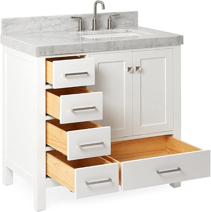 ARIEL Cambridge 36-inch Bathroom Vanity with Sink,Solid Wood, 2-inch Italian Carrara Marble Countertop, Single Rectangular Porcelain Sink, 2 Soft Closing Doors, 5 Dovetail Drawers, White