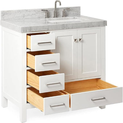 ARIEL Cambridge 36-inch Bathroom Vanity with Sink,Solid Wood, 2-inch Italian Carrara Marble Countertop, Single Rectangular Porcelain Sink, 2 Soft Closing Doors, 5 Dovetail Drawers, White