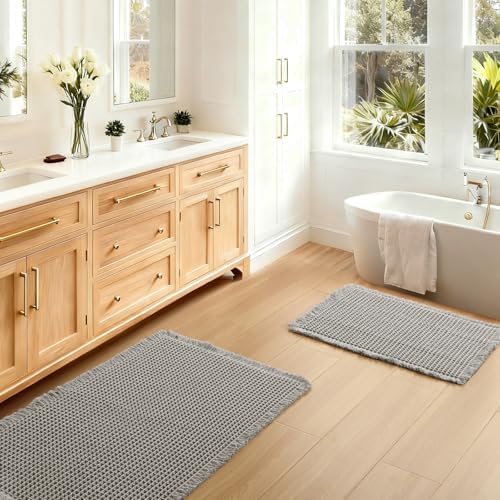 JIUZHEN Set of 2 Waffle Bathroom Rugs Boho Bath Mats 16"x24"+24"x36", Grey