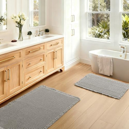 JIUZHEN Set of 2 Waffle Bath Mats Boho Bath Rugs 16"x24"+18"x30", Grey