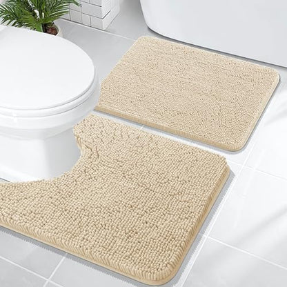 OLANLY Chenille Bathroom Rugs Mats Sets 2 Piece, 24"x16"+24"x20", Beige