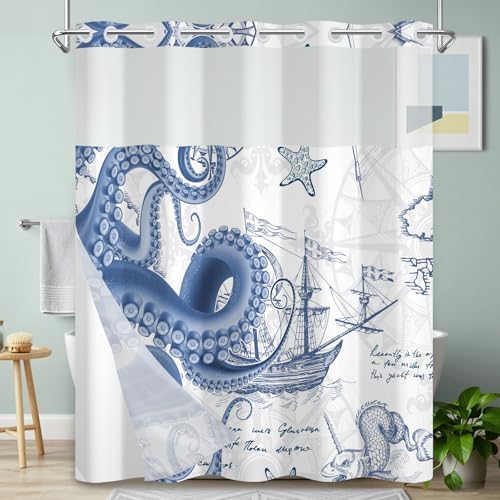 No Hook Shower Curtain with Snap-in Liner 71x74 Inch