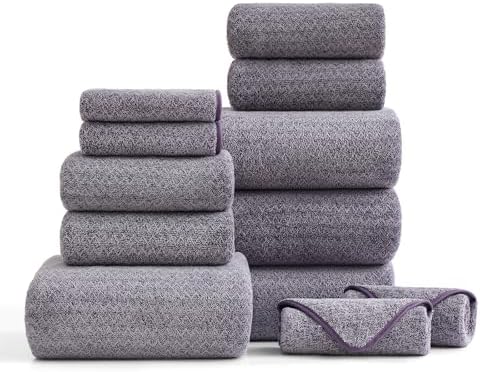 Ultra Soft Bath Towel Set,12 Piece (4 Bath Towels,4 Hand Towels,4 Washcloths) Family Bathroom Towels Set with Hanging Loop,Quick Dry Extra Absorbent Shower Towel for Bathroom,Hotel,Spa-Dark Purple