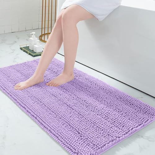 Grandaily Chenille Striped Bathroom Rugs 47x24, Extra Thick and Absorbent Bath Mats, Non-Slip Soft Plush Shaggy Shower Carpet, Machine Wash Dry, Bath Rug for Bathroom, Purple