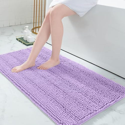 Grandaily Chenille Striped Bathroom Rugs 47x24, Extra Thick and Absorbent Bath Mats, Non-Slip Soft Plush Shaggy Shower Carpet, Machine Wash Dry, Bath Rug for Bathroom, Purple