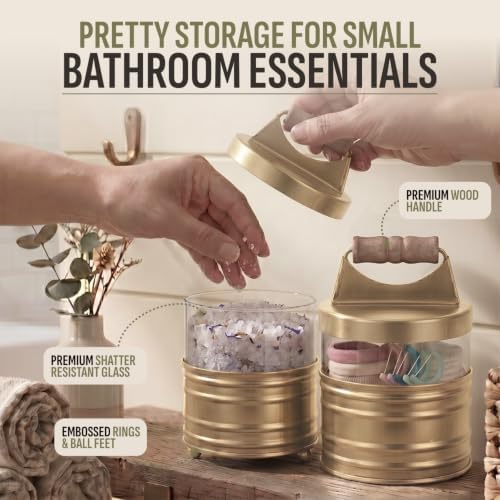 Autumn Alley Antique Gold Bathroom Accessories Set 4 - Farmhouse Soap Dispenser, Toothbrush Holder, 2 Apothecary Jars Qtip Holder - Gold Bathroom Decor – Rustic Farmhouse Bathroom Accessories