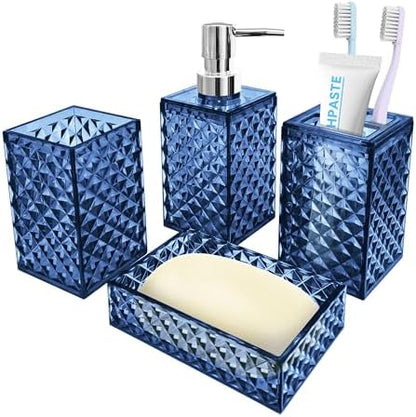 4 PCS Blue Bathroom Accessory Set,Plastic Bathroom Accessories Sets
