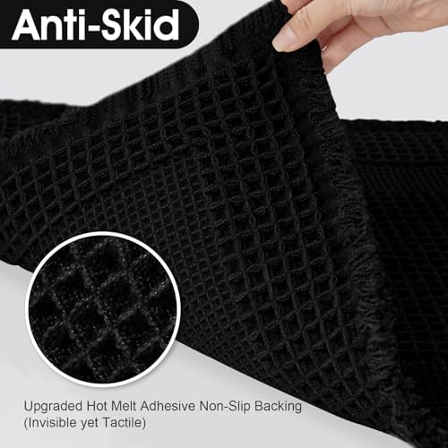 Upgraded Waffle Bath Mat Set 3 Piece Black-Looped, Super Absorbent Non-Slip Quick Dry Bathroom Rugs with Tassels, Machine Washable Ultra Soft Boho Bath Rugs for Floor, Toilet Mats Boho Farmhouse Decor