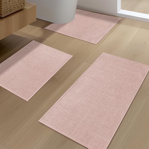 YIHOUSE Bathroom Rugs Thin Bath Mat Sets 3 Pieces Quick Dry,Pink