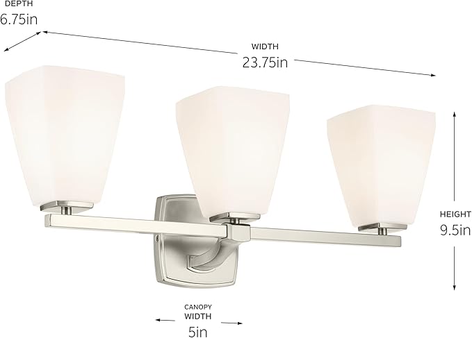 Kichler Marant 21.25" 3-Light Vanity Light with Opal Glass in Brushed Nickel, for Bathroom, Powder Room, Over a Mirror, (21.25" W x 9.5" H), 55216NI