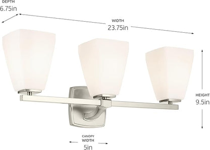 Kichler Marant 21.25" 3-Light Vanity Light with Opal Glass in Brushed Nickel, for Bathroom, Powder Room, Over a Mirror, (21.25" W x 9.5" H), 55216NI