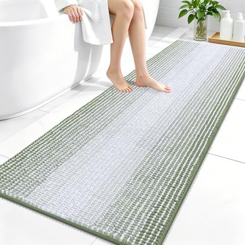 OLANLY Bathroom Runner Rugs 59x24, Chenille Striped Bath Rugs, Sage Green
