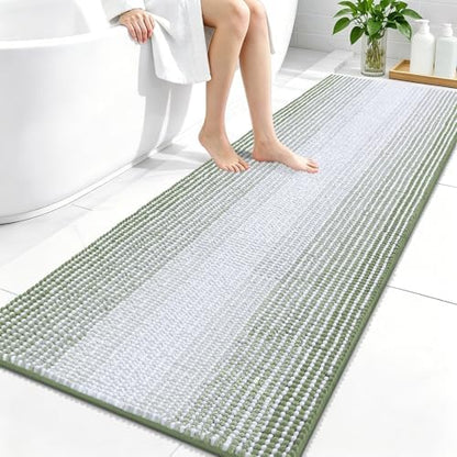 OLANLY Bathroom Runner Rugs 59x24, Chenille Striped Bath Rugs, Sage Green