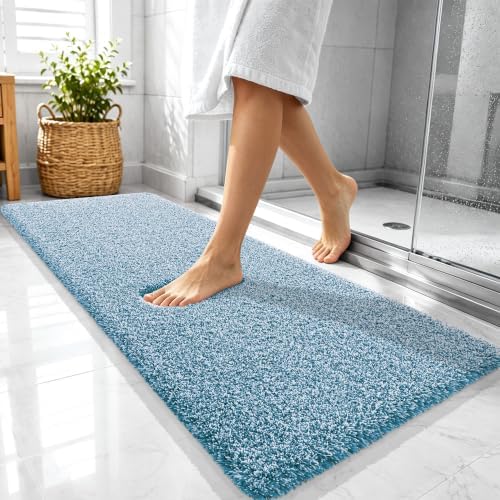 OLANLY Microfiber Soft Bathroom Rugs Mats 47x20, Peacock Blue and White