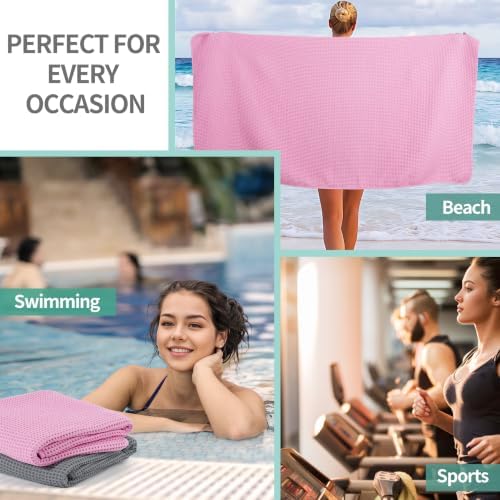 Microfiber Waffle Bath Towels, 4 Pieces, Soft, Absorbent, Fast Drying, Lint Free 430 GSM (27''x55''/68.58 cm x139.7 cm) (Gray+Pink)