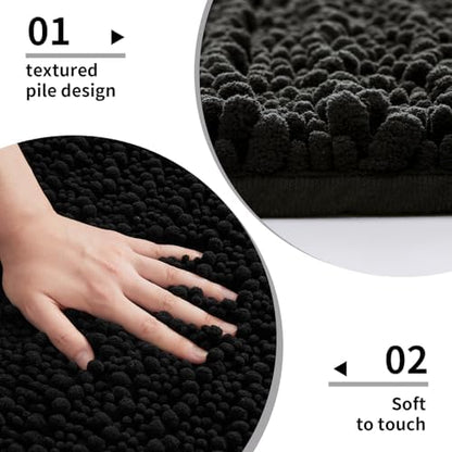 Disolla Black Bathroom Runner Rug 24x55 Inch - Long Chenille Bath Mat, Extra Soft Shaggy Plush Absorbent Runner, Non-Slip Washable Rug for Tub, Bedside and Kitchen