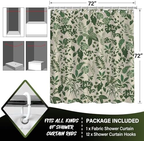 Vintage Boho Tropical Green Botanical Shower Curtain 72x72 Inches