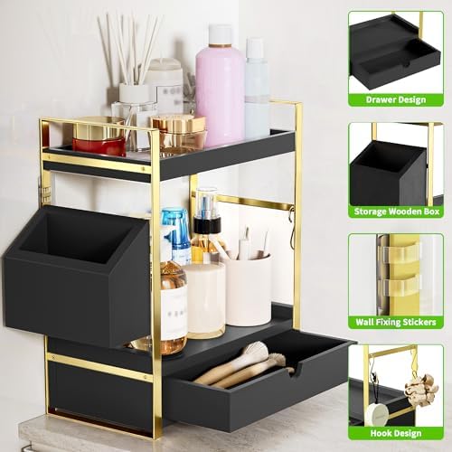 2-Tier Bathroom Counter Organizer, Wooden Vanity Shelf with Drawer & Basket
