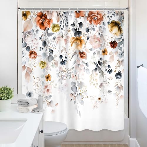 Yellow Orange Floral Pastel Watercolor Rustic Bathroom Shower Curtain Set