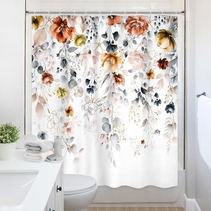 Yellow Orange Floral Pastel Watercolor Rustic Bathroom Shower Curtain Set