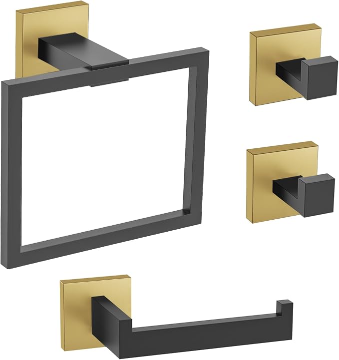 TURS Bathroom Accessory Set Black and Gold Towel Ring Set Stainless Steel Toilet Paper Holder Towel Ring Robe Hook Wall Mount